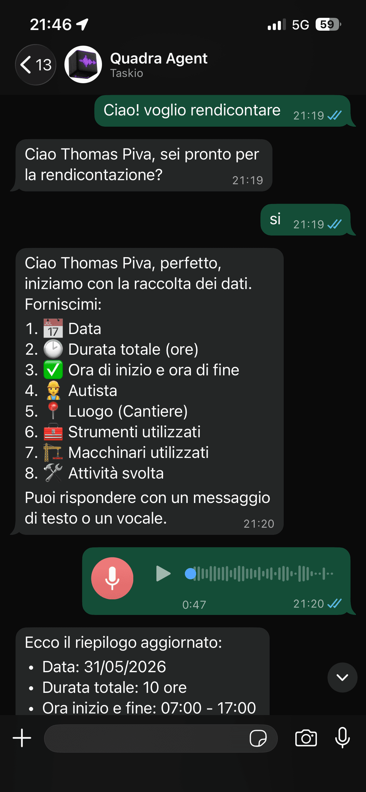 Conversazione reale con Quadra su WhatsApp